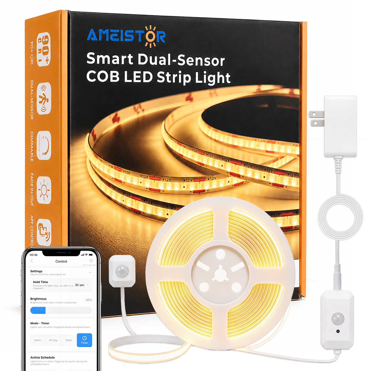 Ameistor Smart Plug-in Dual Motion Sensor COB LED Strip Light