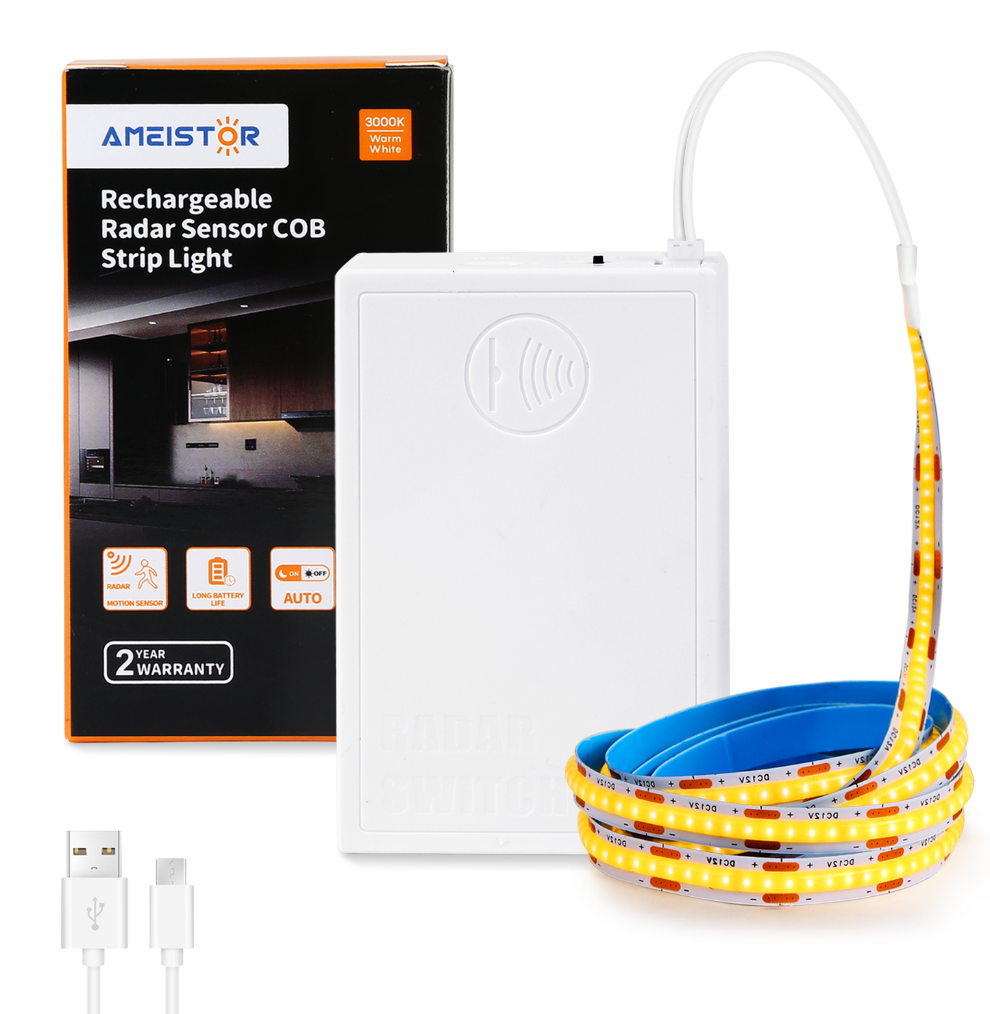 Rechargeable Motion Sensor COB Strip Light, 6000mAh Battery Operated Night Light for Closet Pantry Under Cabinet, 3.28ft, 3000K Warm White