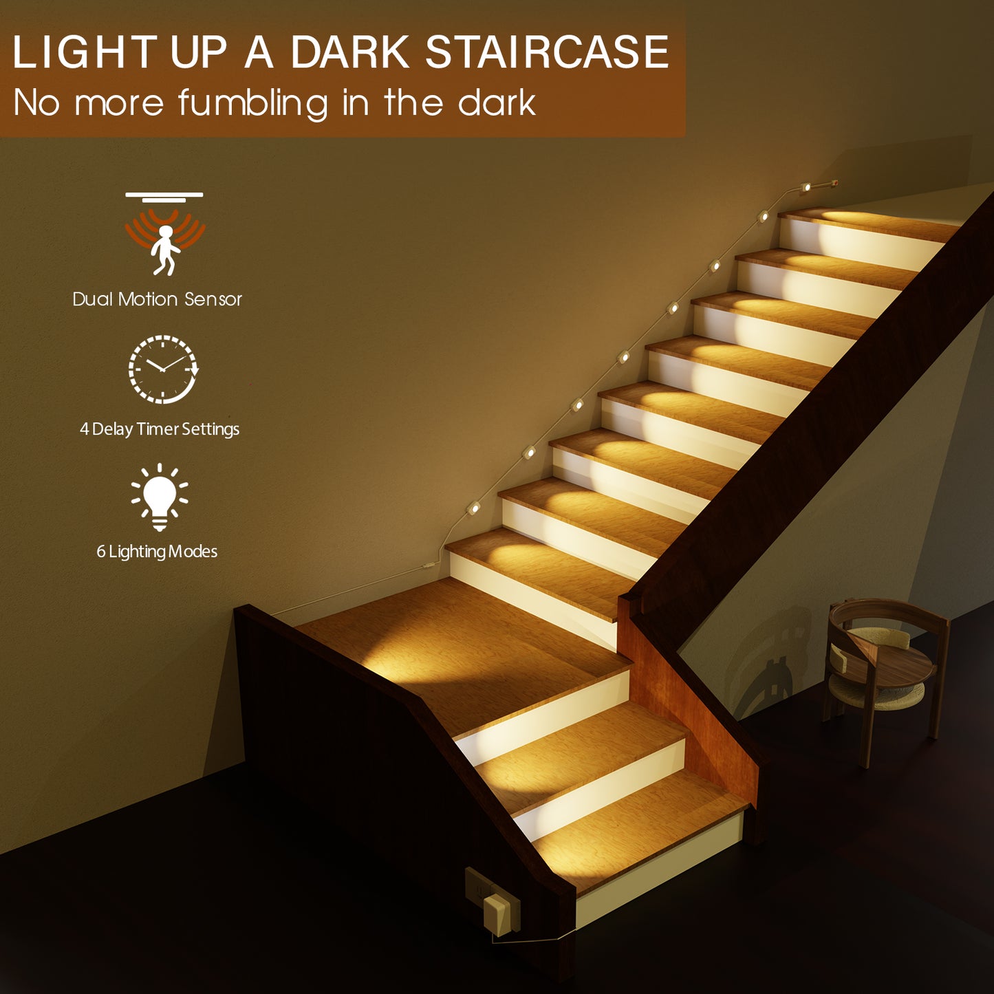 Ameistor Plug-In Smart Motion Sensor Stair Lights Indoor,Dimmable, 3000K-6000K