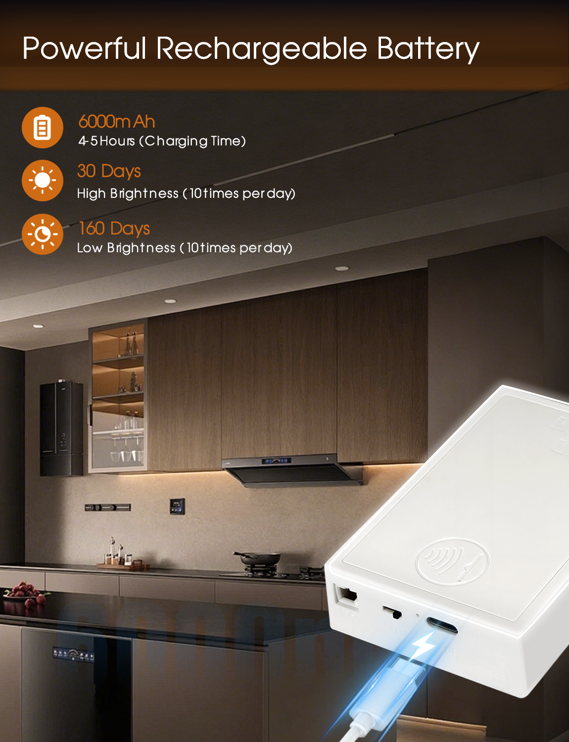 Rechargeable Motion Sensor COB Strip Light, 6000mAh Battery Operated Night Light for Closet Pantry Under Cabinet, 3.28ft, 3000K Warm White